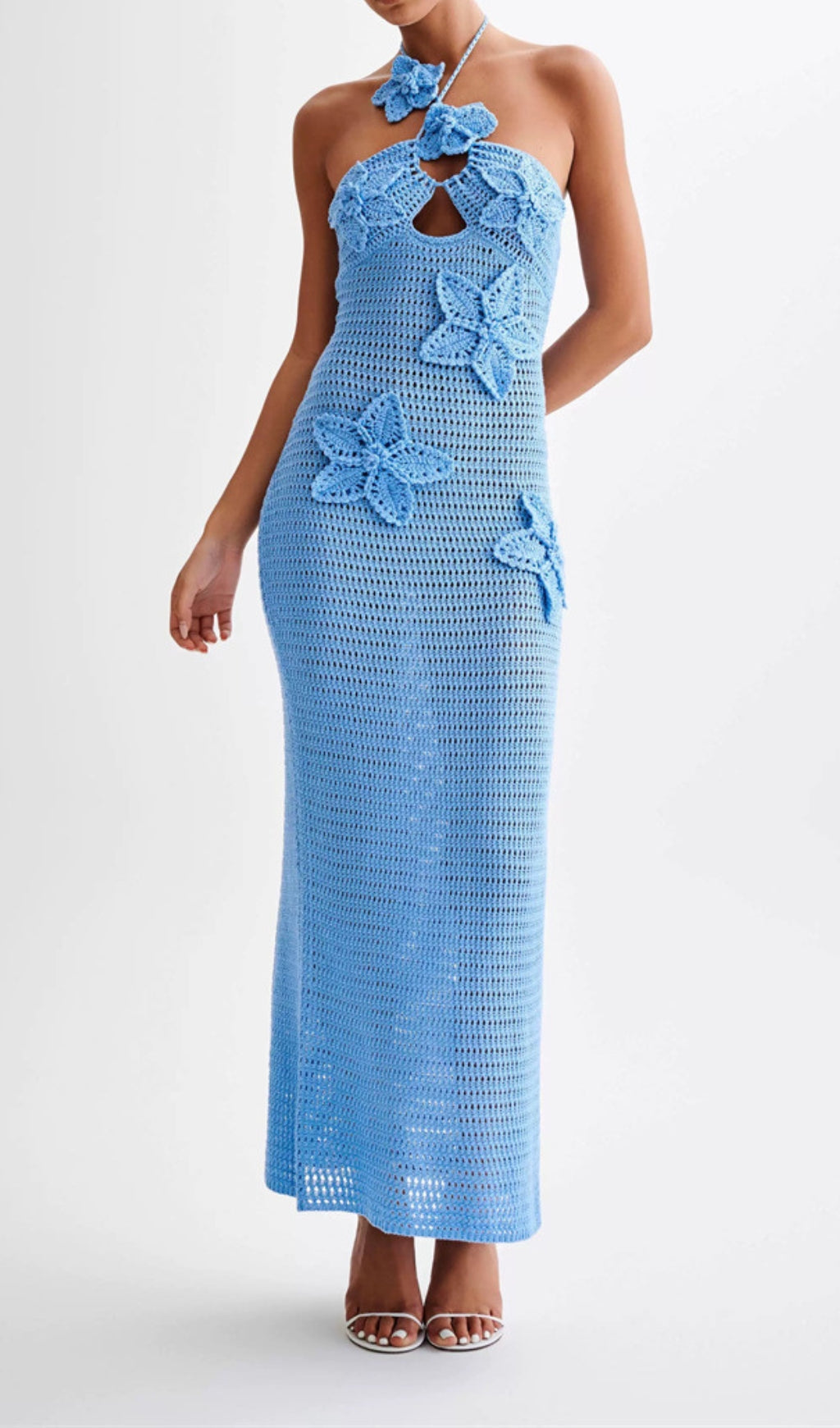Azure Bloom Halter Crochet Maxi Dress with 3D Flowers