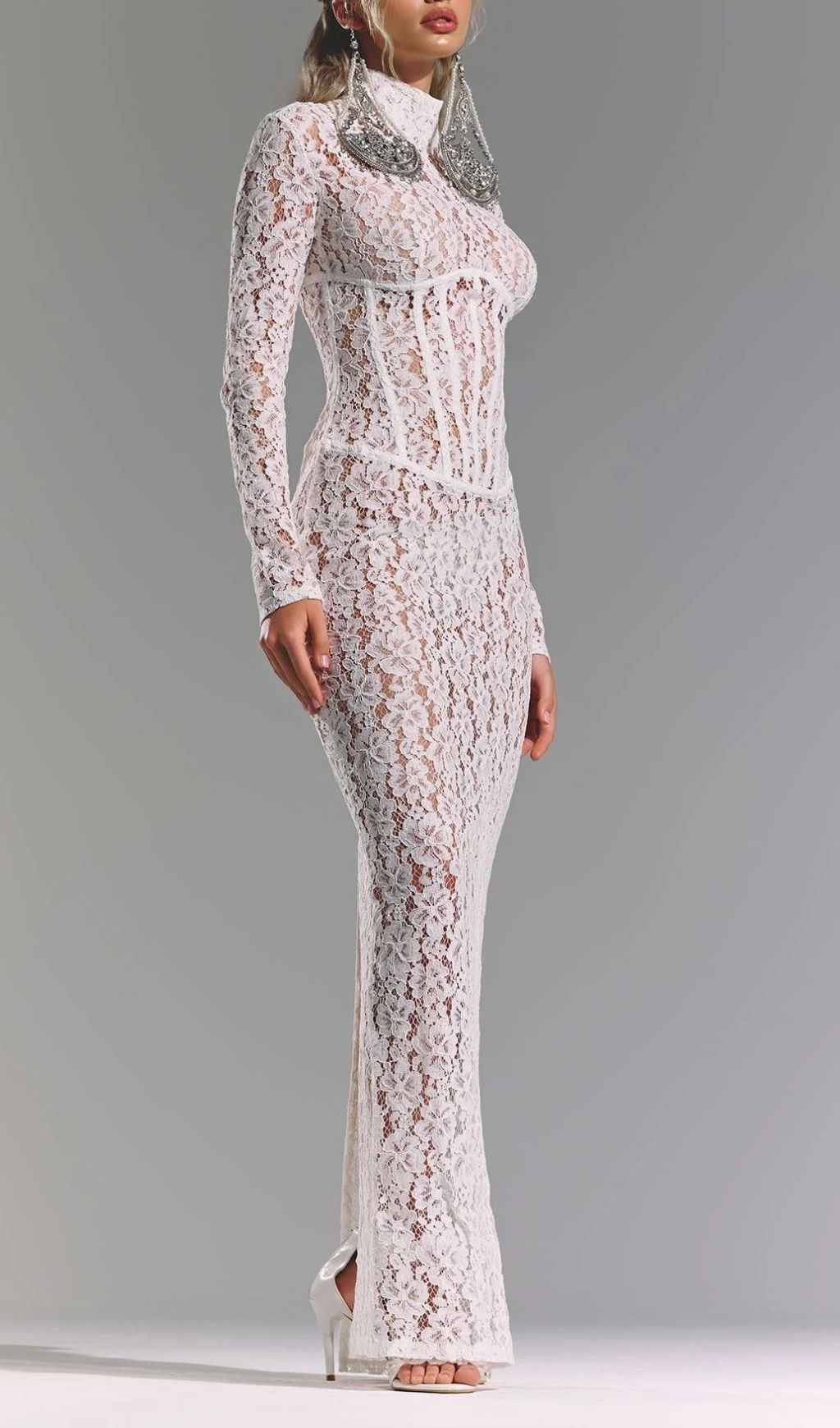 Isolde White Floral Lace Corset Maxi Dress