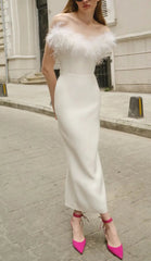 Elegant White Feather Off-Shoulder Bodycon Maxi Dress