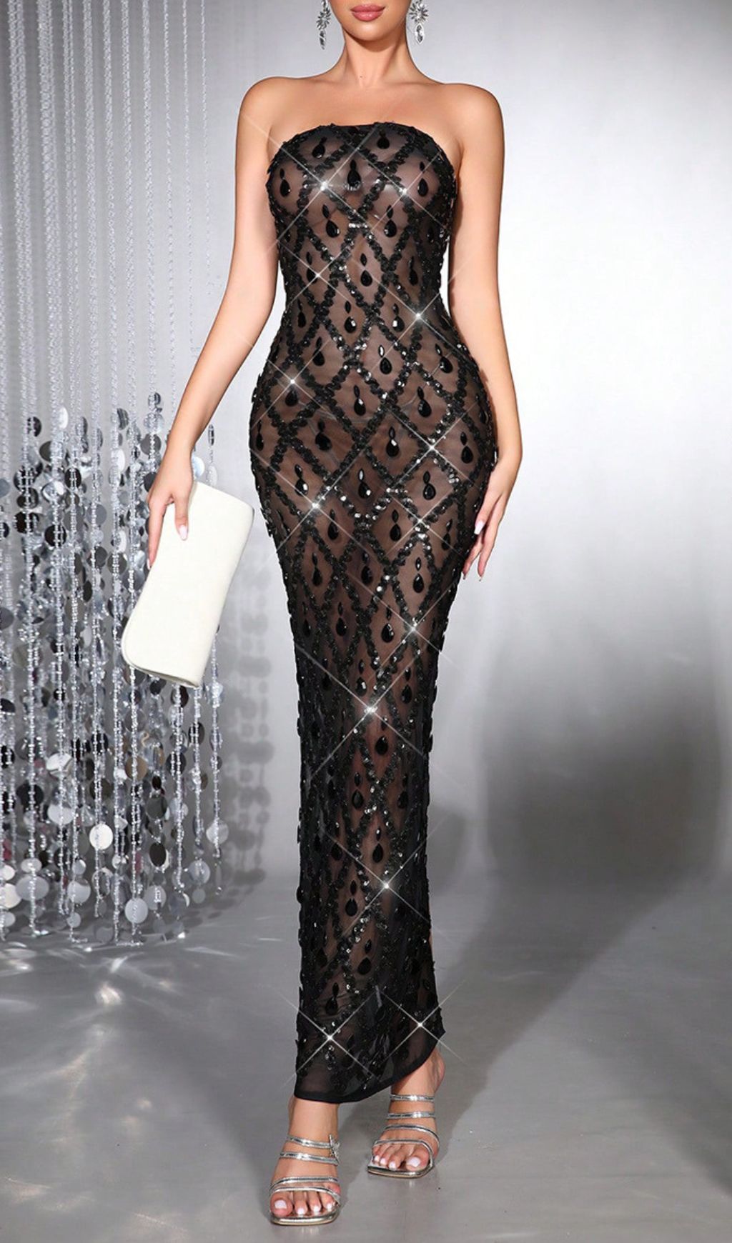 Halleli Dazzling Black Strapless Diamante Maxi Gown