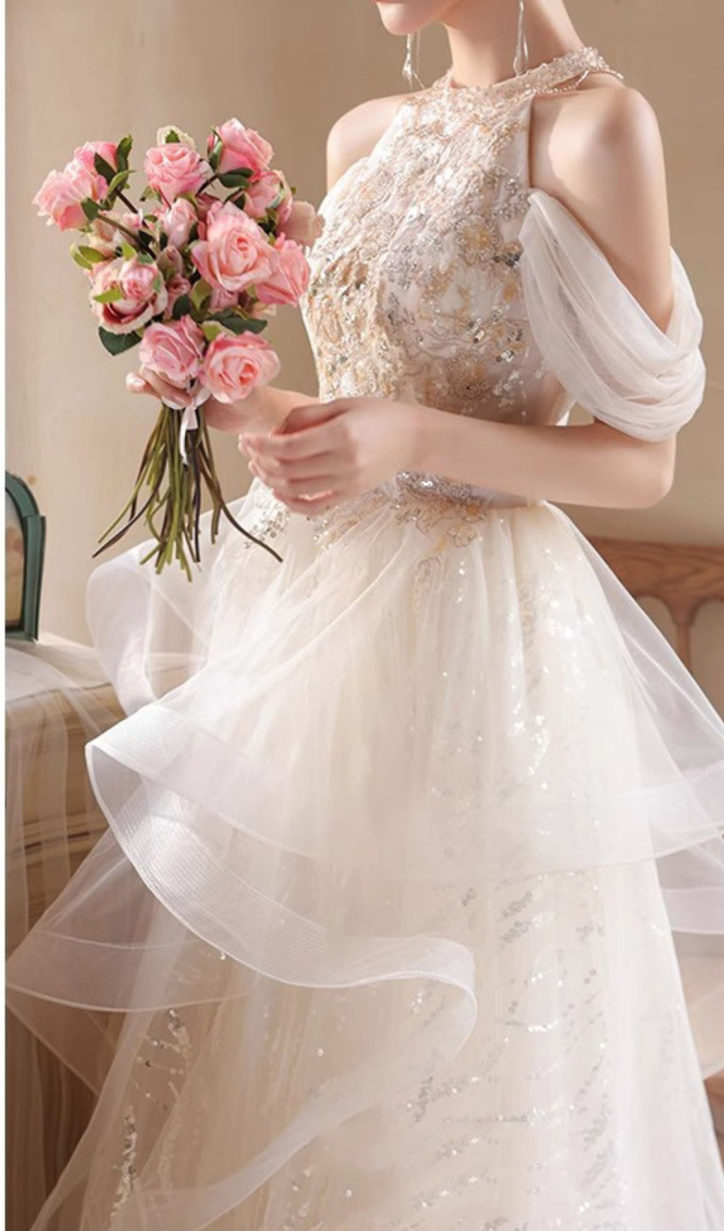 Chione Dazzling Champagne Halter Sequin Mesh Maxi Dress with Romantic Off-Shoulder Sleeves