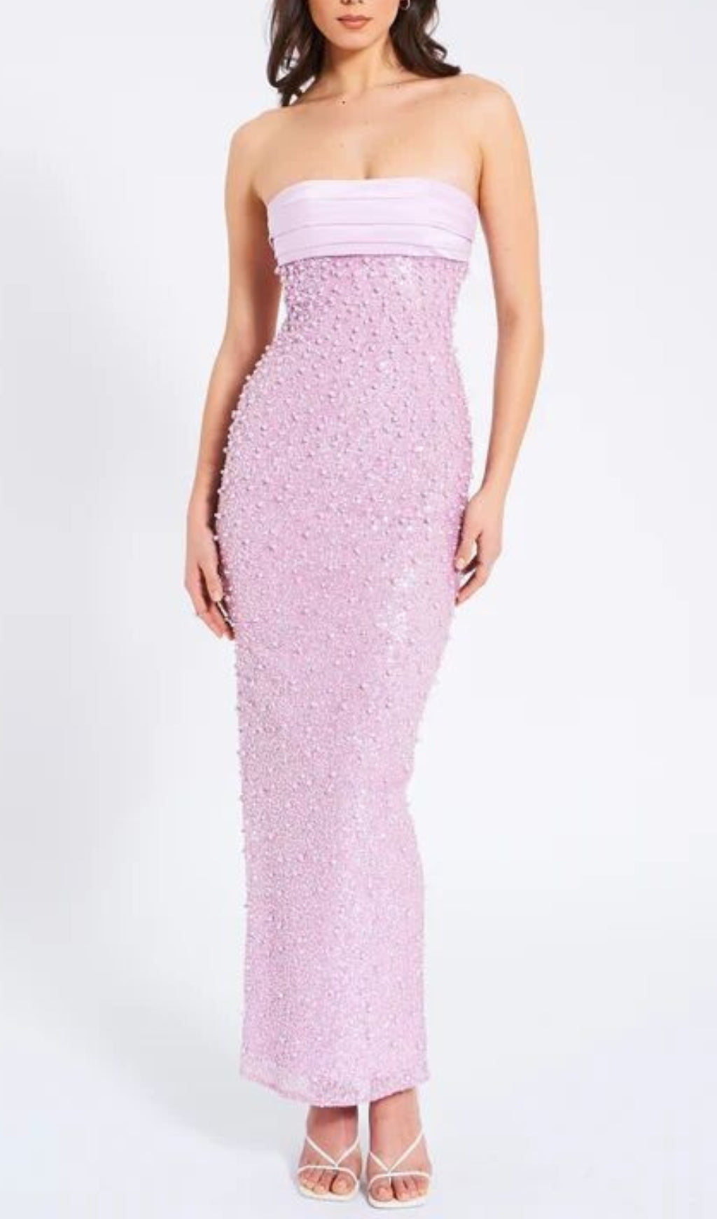 Alazne Glamorous Purple Sequin & Pearl Strapless Maxi Dress