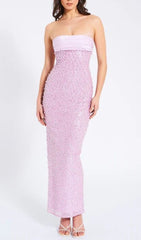 Alazne Glamorous Purple Sequin & Pearl Strapless Maxi Dress