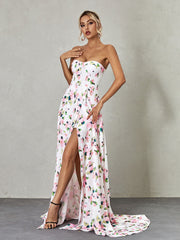 Romantic Floral Strapless Maxi Dress with High Slit