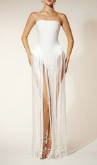 Rendor Showstopper White Strapless Fringe Bandage Maxi Dress