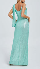 Glamorous Mint Green Sequin Maxi Dress with Draped Cowl Neck & High Slit