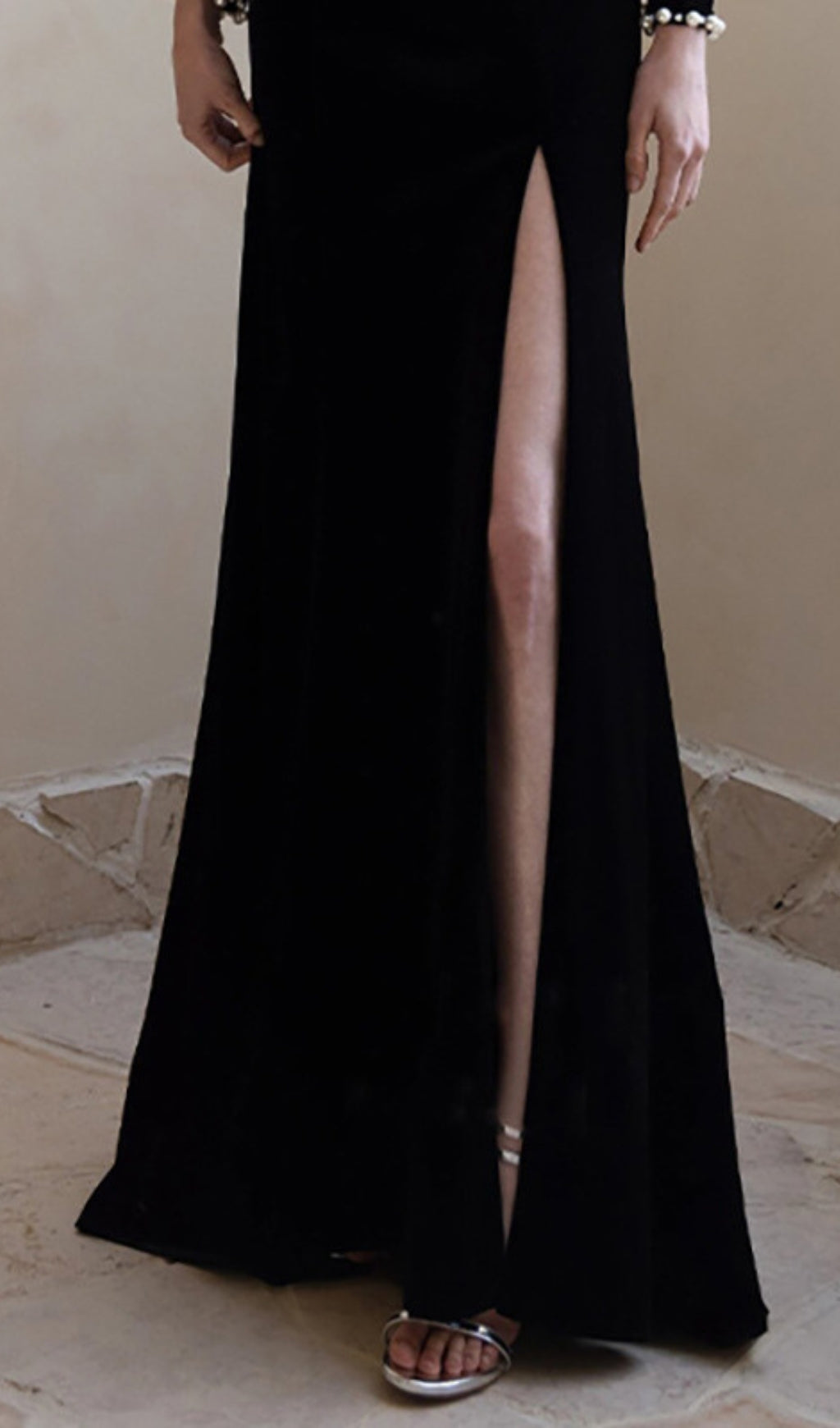 Breena Black Velvet Pearl Off-Shoulder Maxi Gown with High Slit