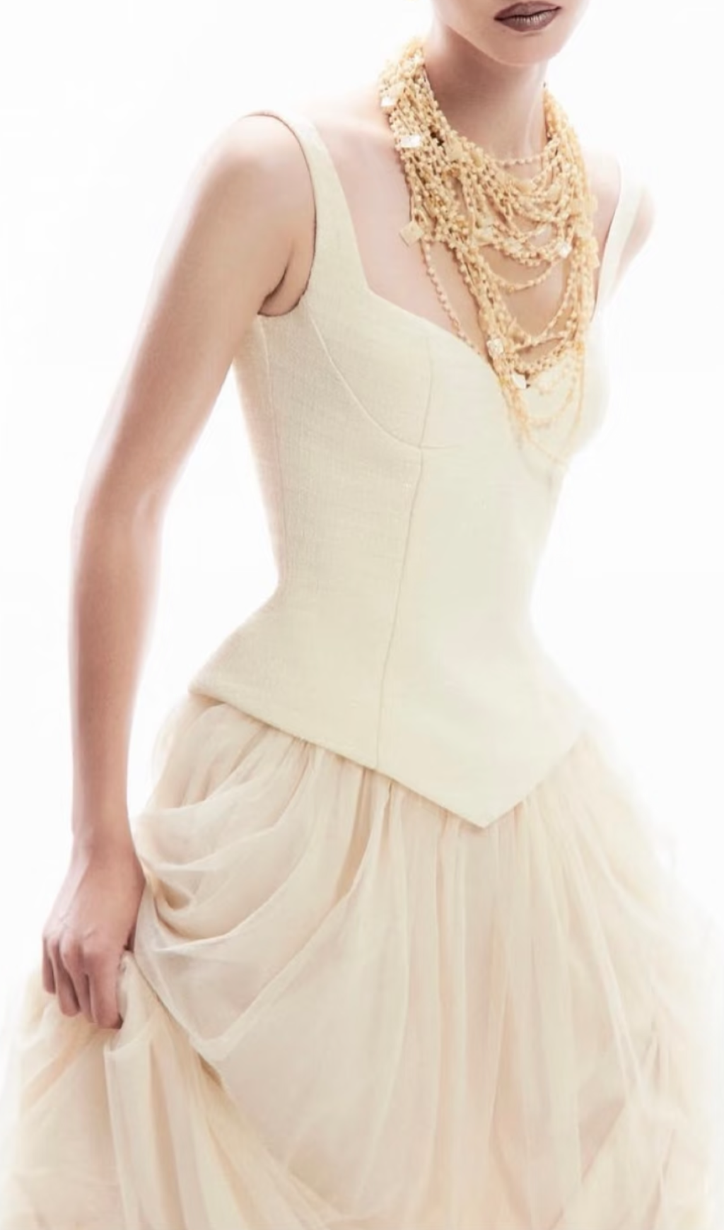 Gallia Ivory Strappy Mesh Maxi Gown