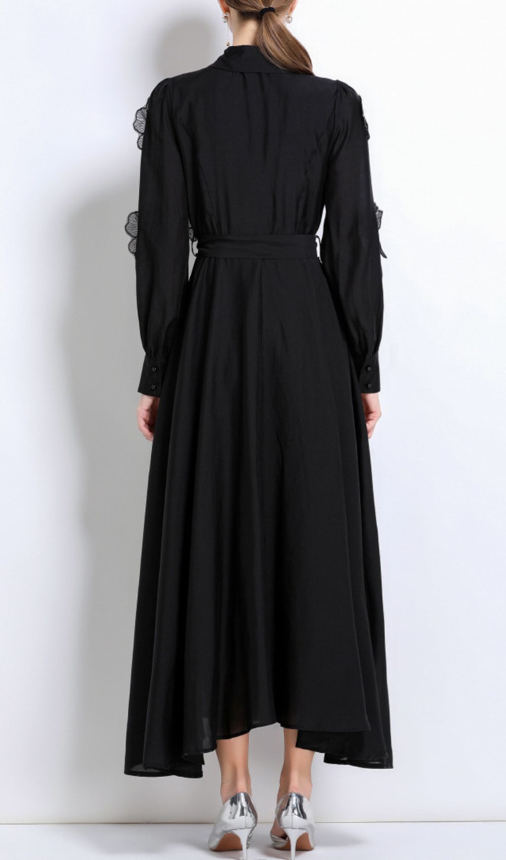 Holly Black Floral Embellished Long Sleeve Midi Dress for Women