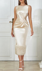 Accalia Luminous Apricot Satin Feather Trim Midi Dress