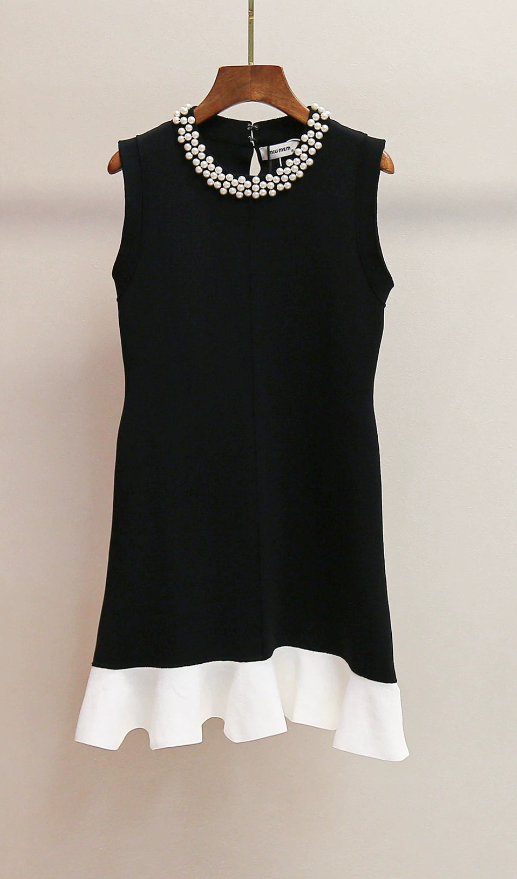 Chic Black Mini Dress with Pearl Collar & Ruffle Hem