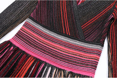 Giada Multi-Color Metallic Stripe V-Neck Long Sleeve Maxi Dress