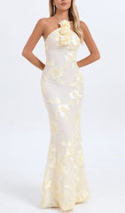 Ivory Halter Neck Maxi Dress with 3D Floral Embellishments