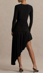 Nedelya Chic Black Asymmetrical Draped Midi Dress