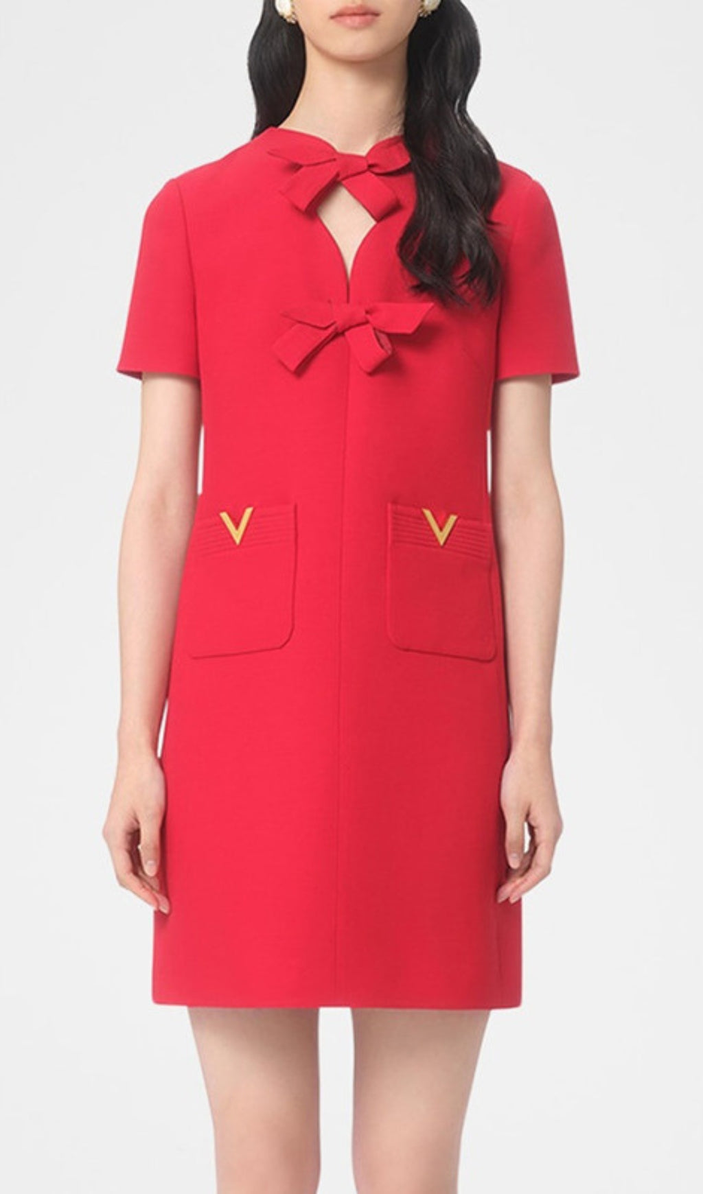Elegant Red Crepe Couture Short Dress with Chic Bows & V-Gold Accents