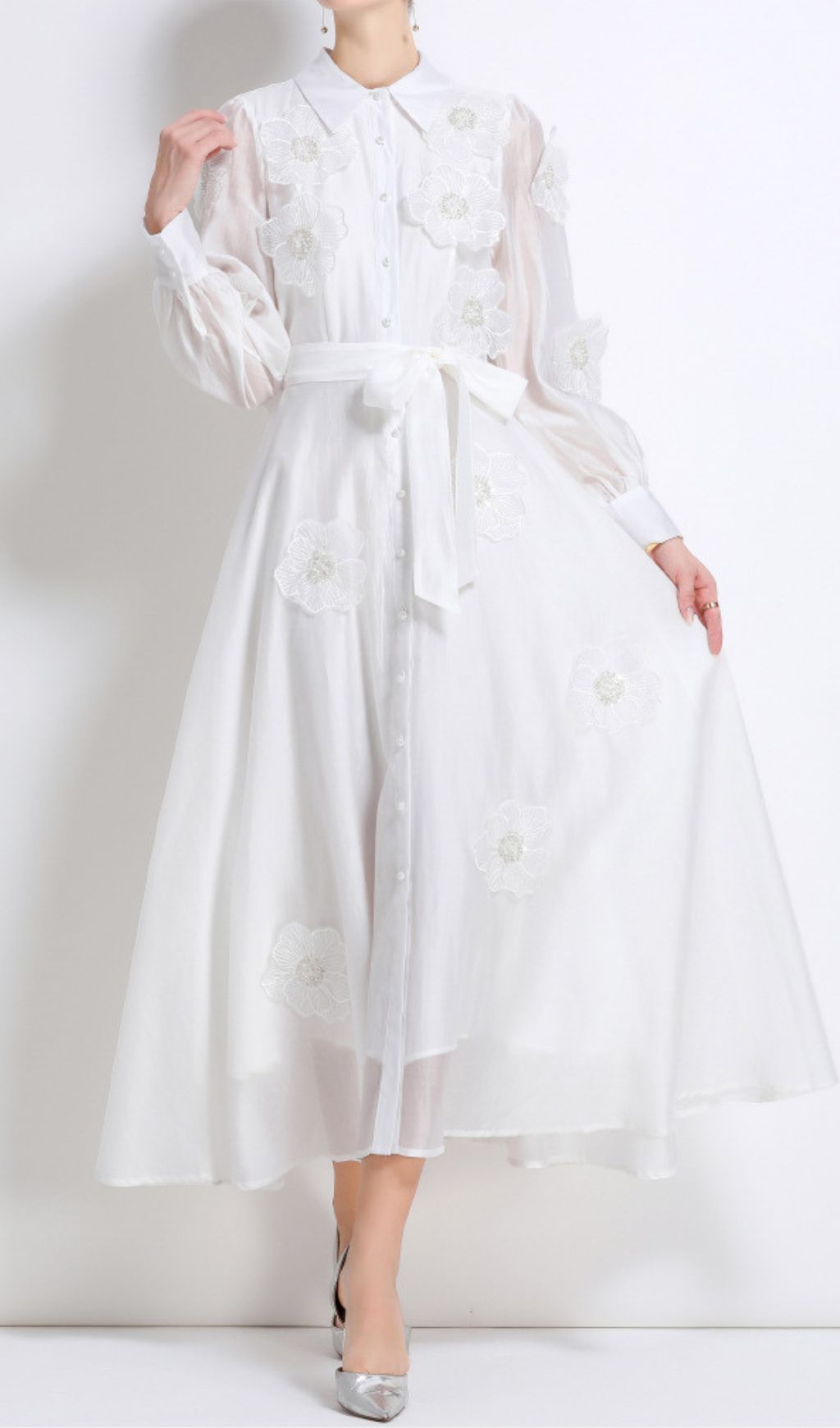 Holly White Floral Appliqu Midi Shirt Dress
