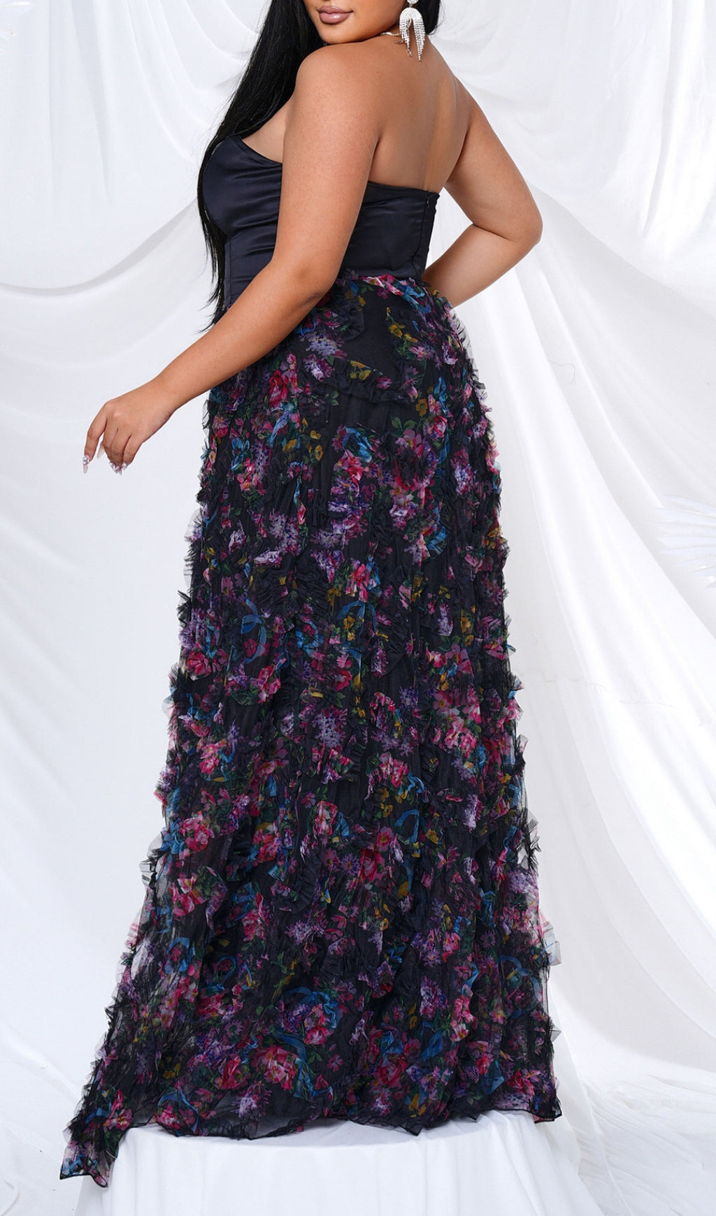 Belinay Black Strapless Plus Size Vibrant Floral Ruffle Maxi Dress