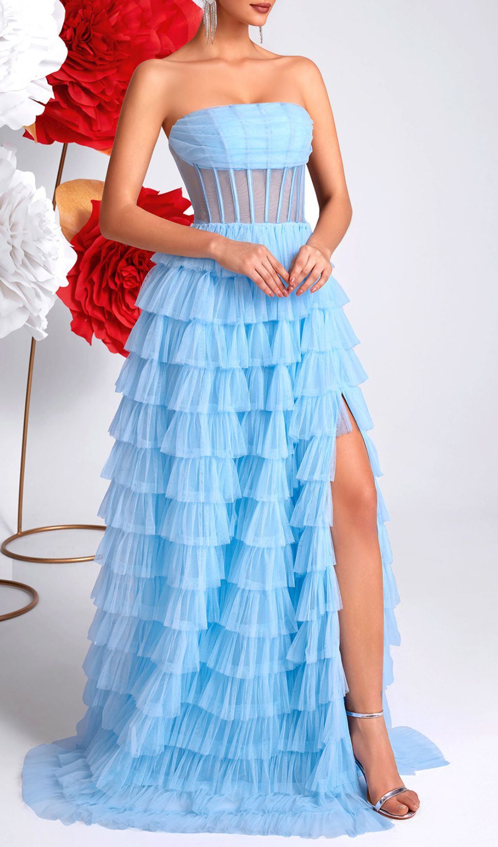 Kaida Sky Blue Strapless Corset Tiered Ruffle Maxi Dress with High Slit