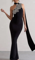 Emily Black Diamond Flower One-Shoulder Maxi Dress with Flowing Cape