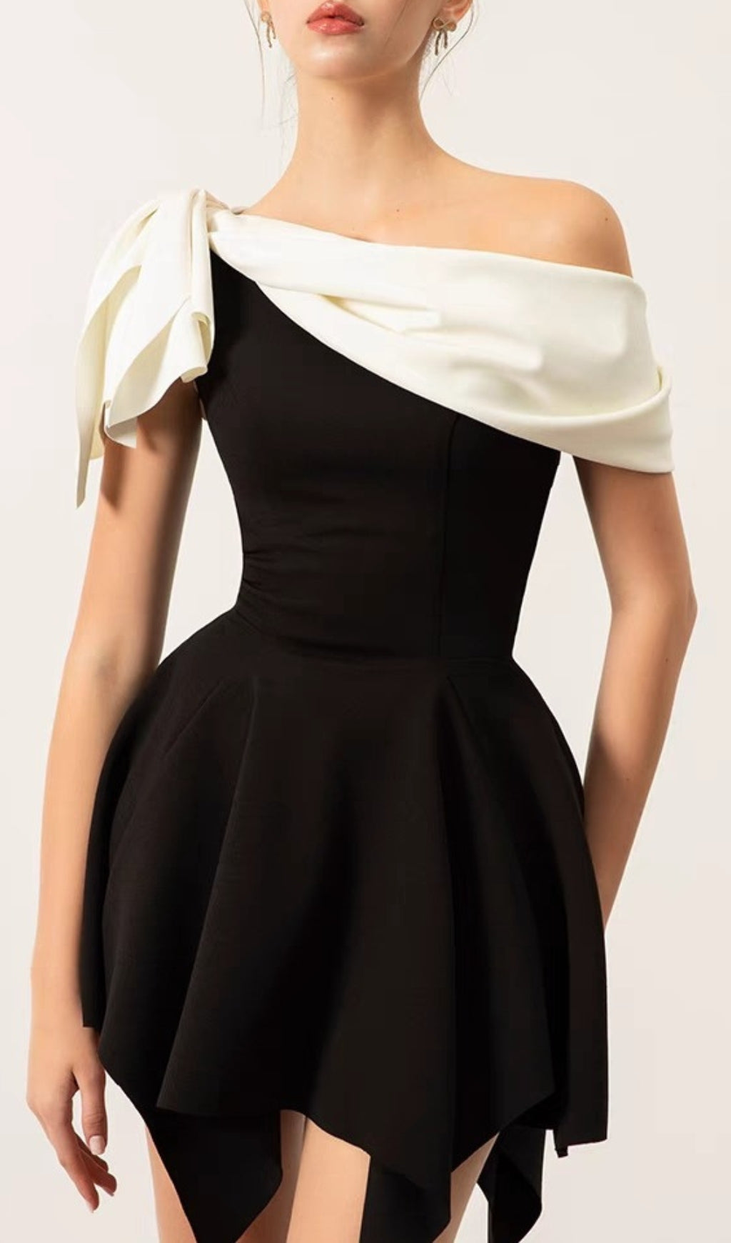 BULUT Chic Black & White Asymmetrical Draped Mini Dress