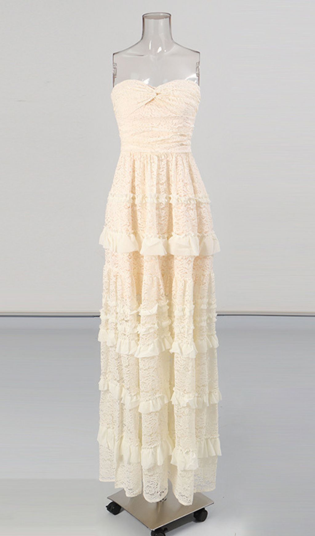 Glora Mint Green Strapless Tiered Lace Maxi Gown