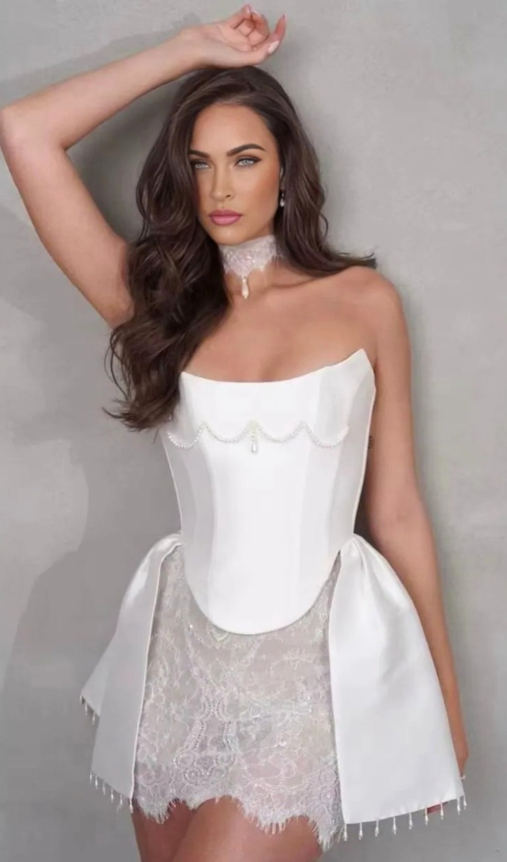 Glamorous Pearl & Lace Strapless Mini Dress with Corset Bodice