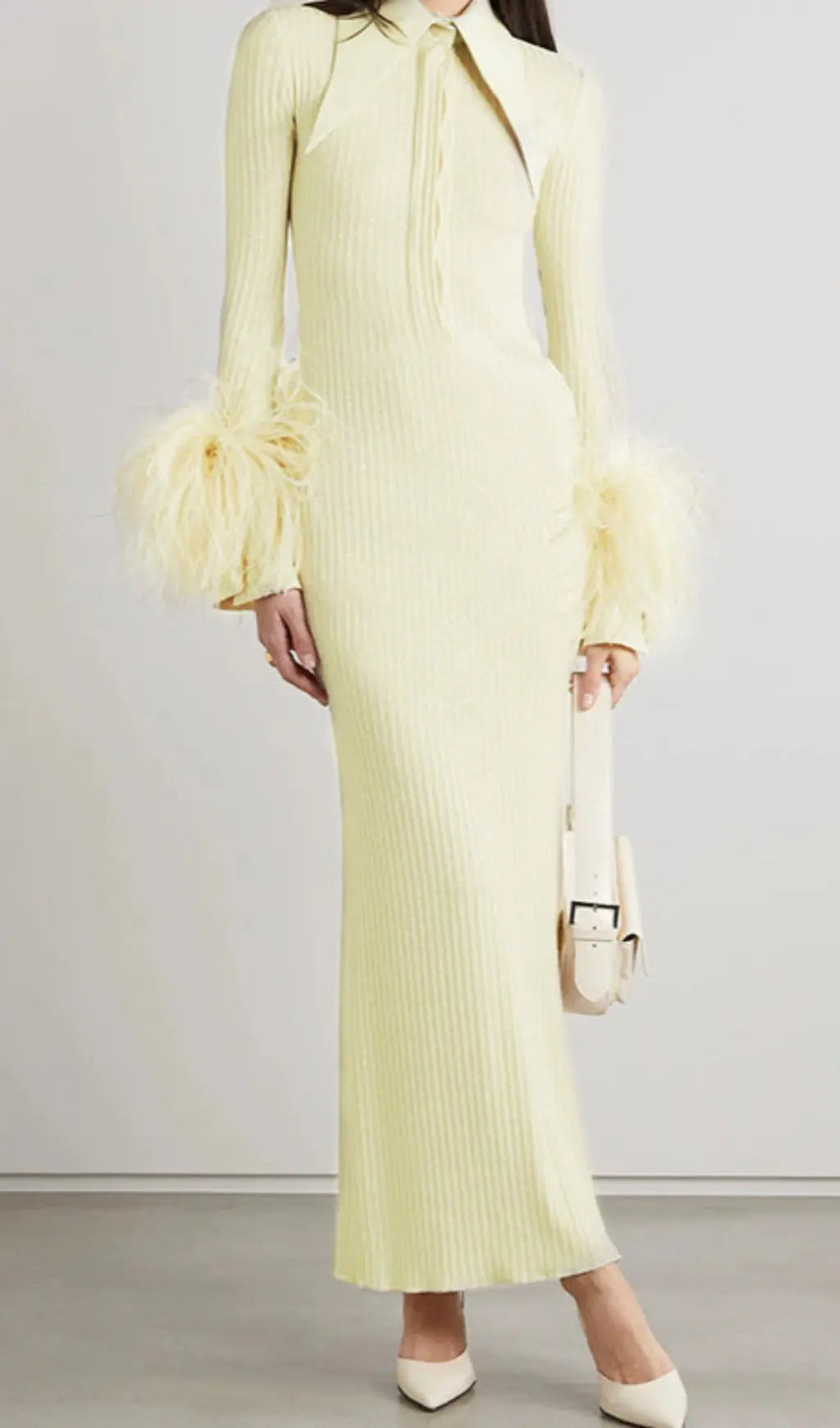 Chic Yellow Feather Cuff Maxi Dress
