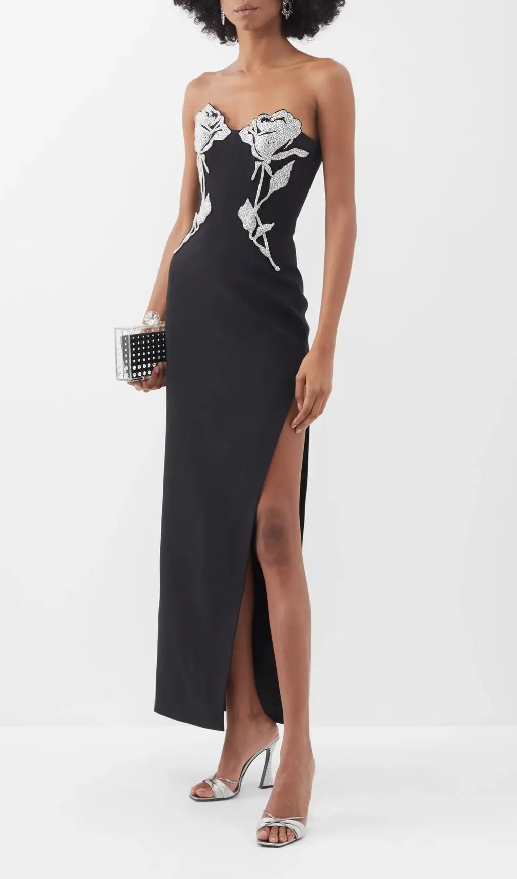 Glamorous Crystal Rose Embellished Black Strapless Maxi Gown