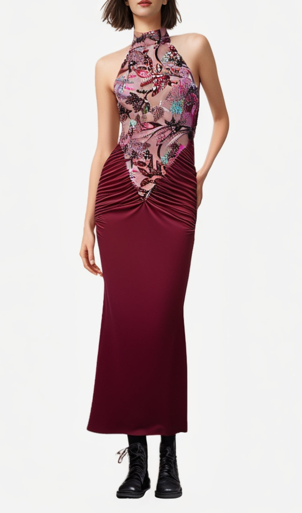 Dusha Elegant Wine Red Floral Embroidered Halter Ruched Maxi Dress