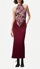 Dusha Elegant Wine Red Floral Embroidered Halter Ruched Maxi Dress