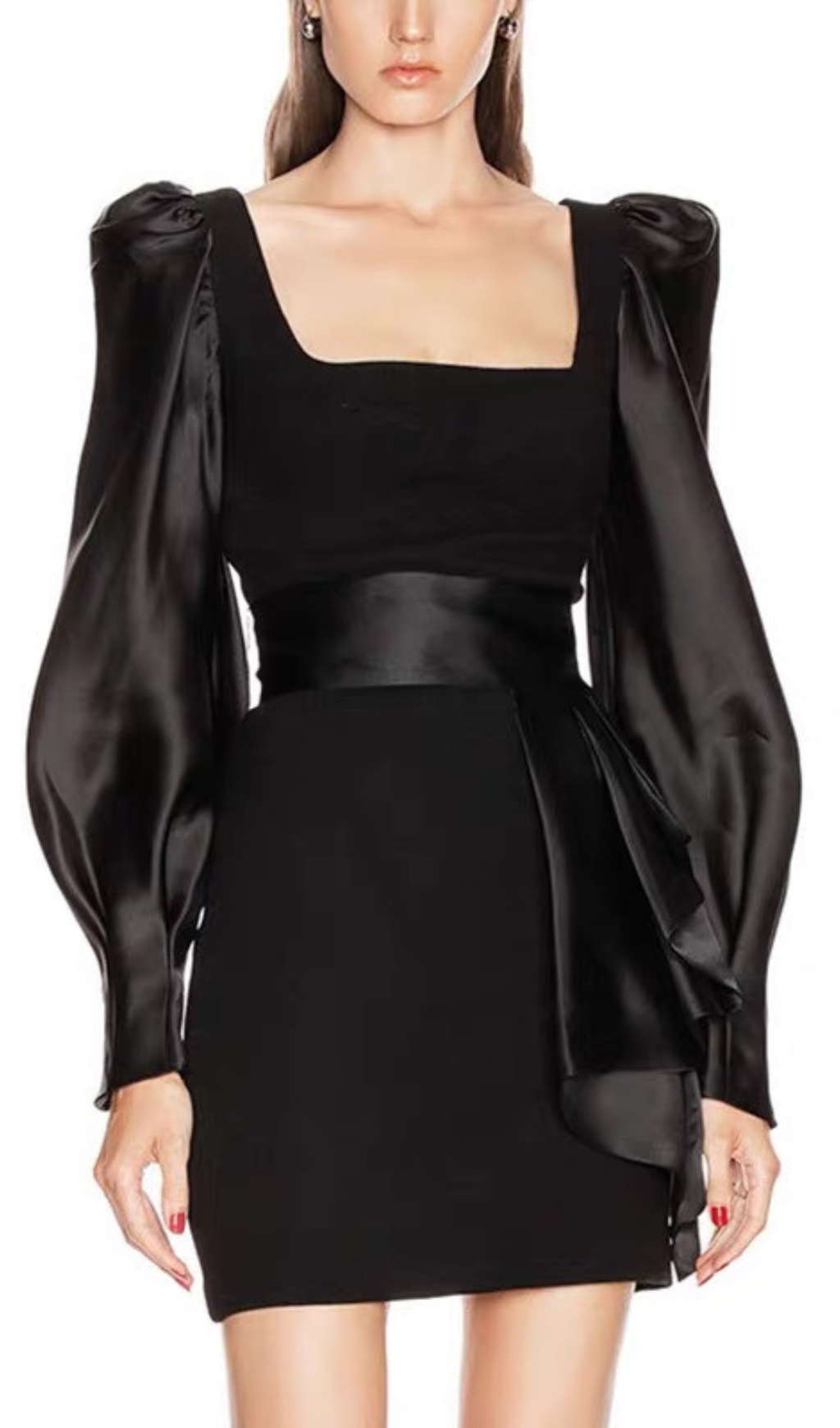 Amandine Black Crepe & Satin Mini Dress with Dramatic Puff Sleeves