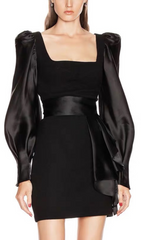 Amandine Black Crepe & Satin Mini Dress with Dramatic Puff Sleeves
