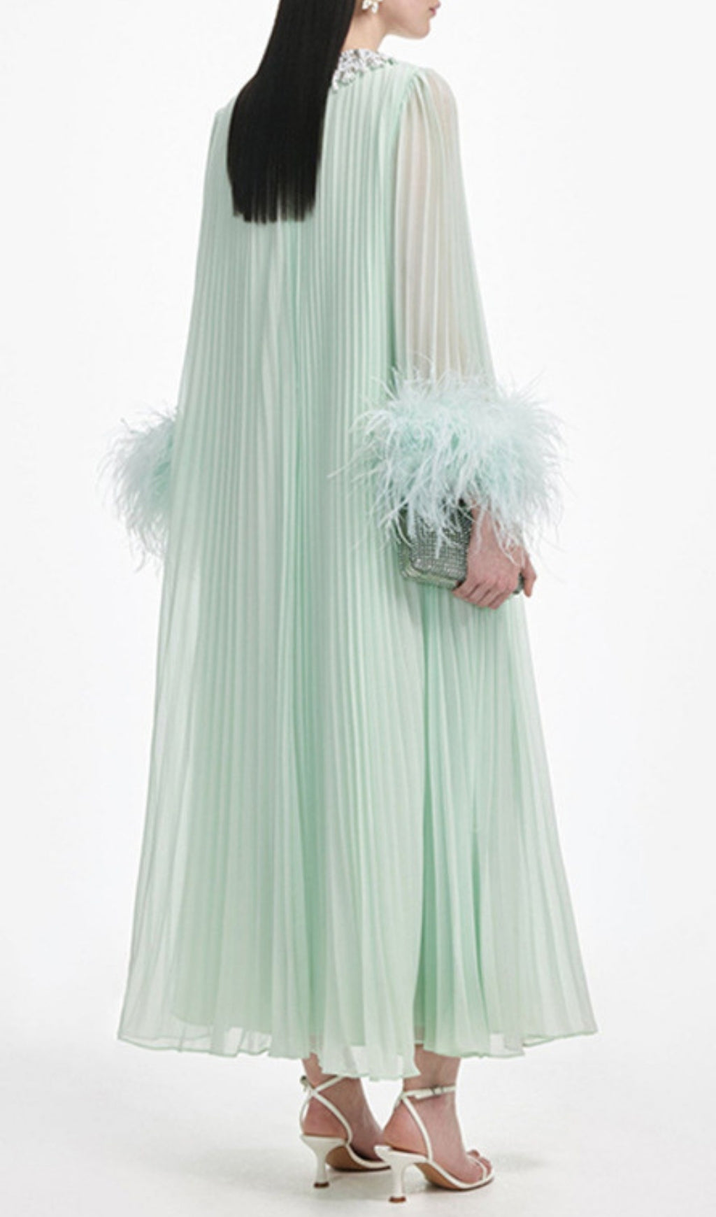 Felipe Mint Green Embellished Maxi Gown with Feather Cuffs