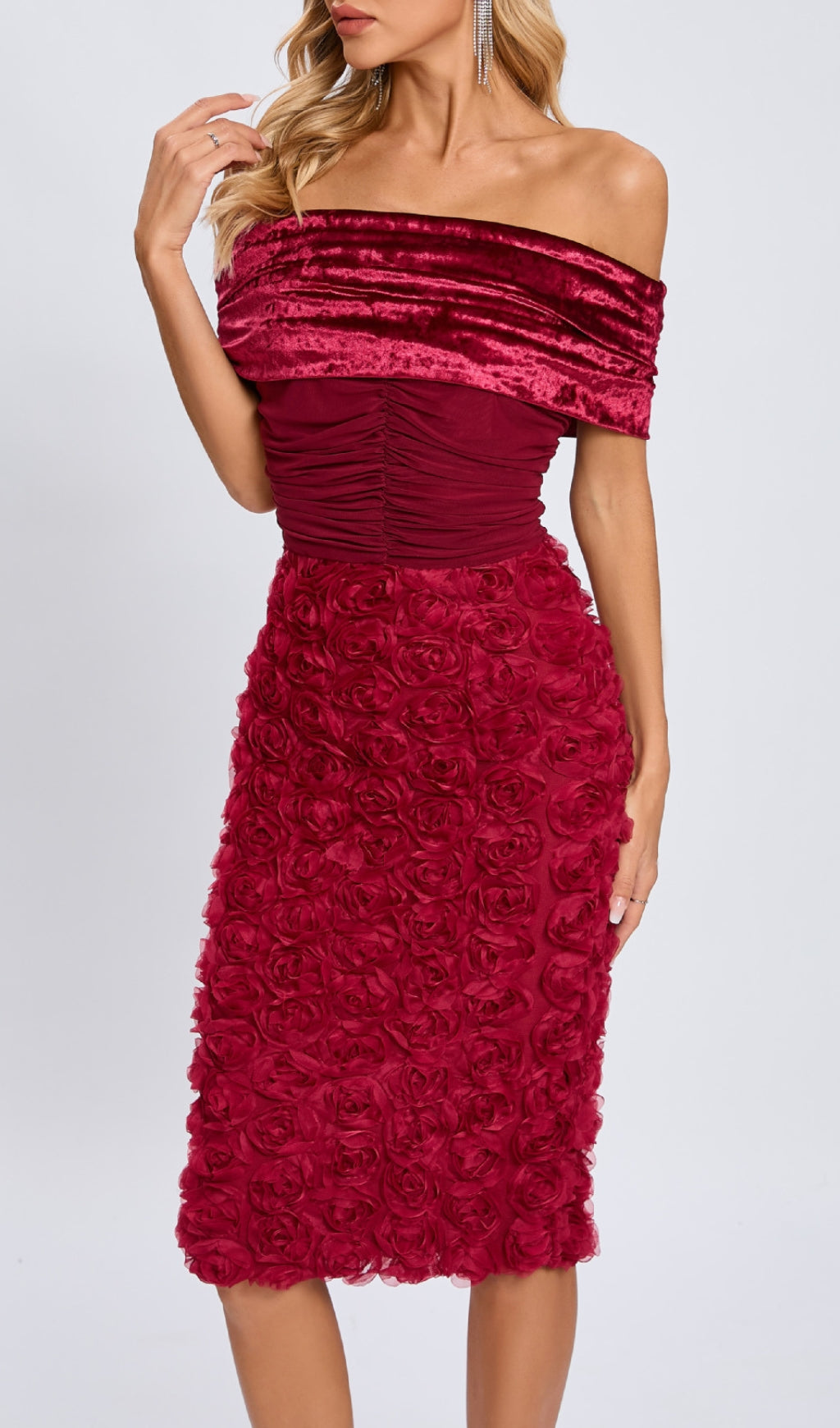 Glamorous Red Velvet Off-Shoulder 3D Rose Midi Dress
