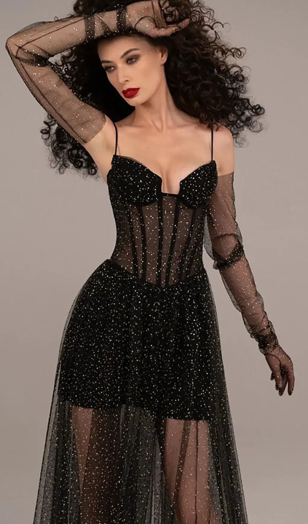 Glamorous Black Sparkle Tulle Corset Maxi Dress