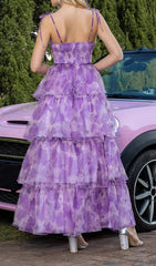 Diella Purple Butterfly Floral Ruffle High-Low Cutout Dress