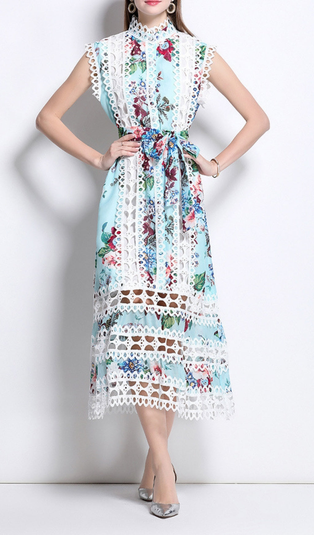 Errin Floral Eyelet Lace Mock Neck Midi Dress