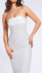 Alazne Opulent White Sequin & Pearl Strapless Maxi Gown