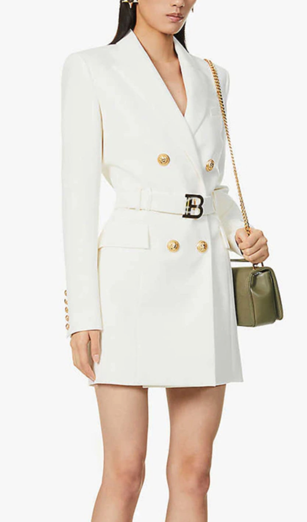 Chic White Belted Blazer Mini Dress with Gold-Tone Buttons