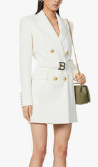 Chic White Belted Blazer Mini Dress with Gold-Tone Buttons