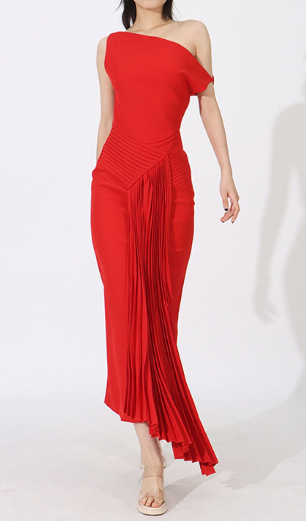 Eren Elegant Red One-Shoulder Pleated Maxi Dress