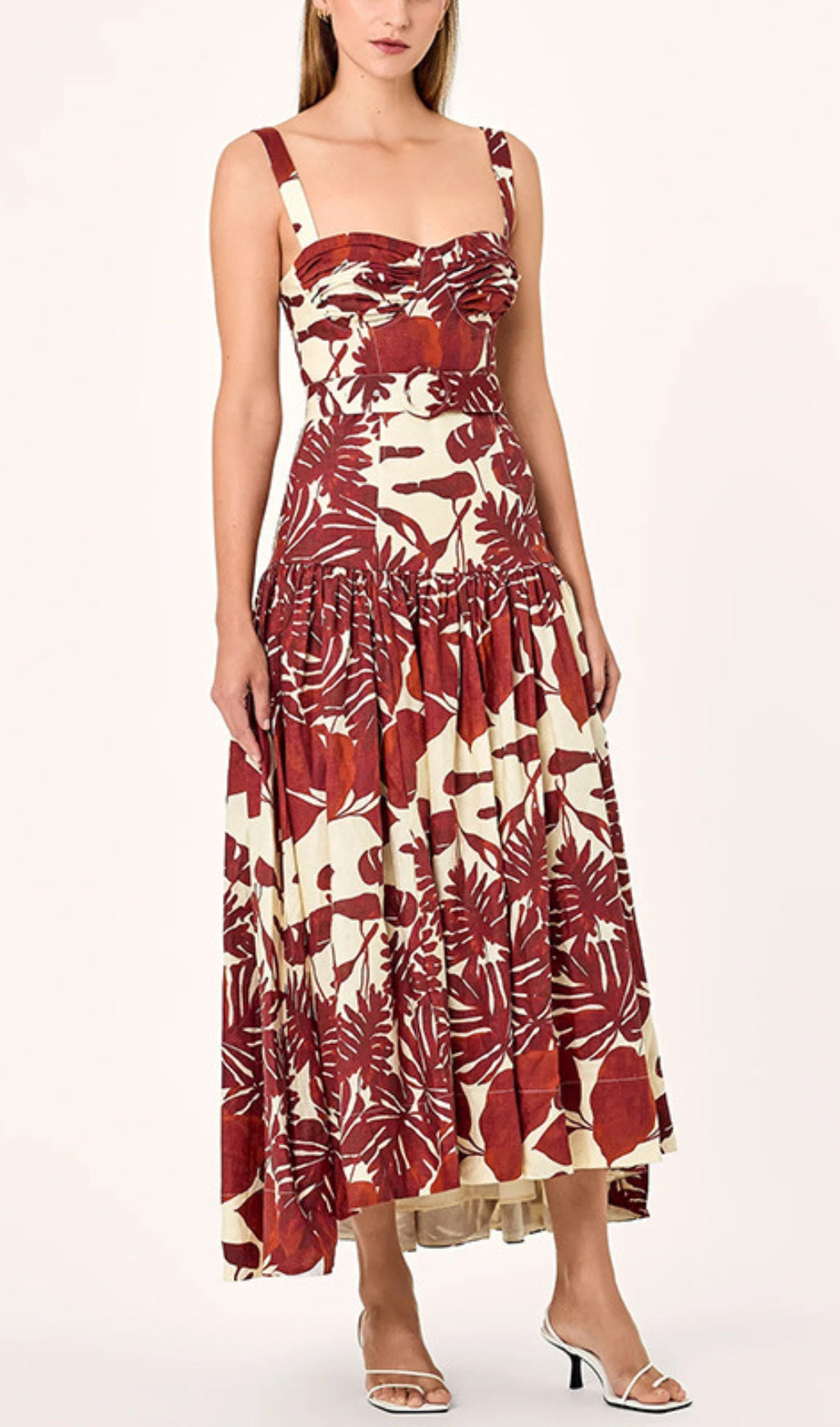 Drika Red Tropical Leaf Print Strappy Midi Dress