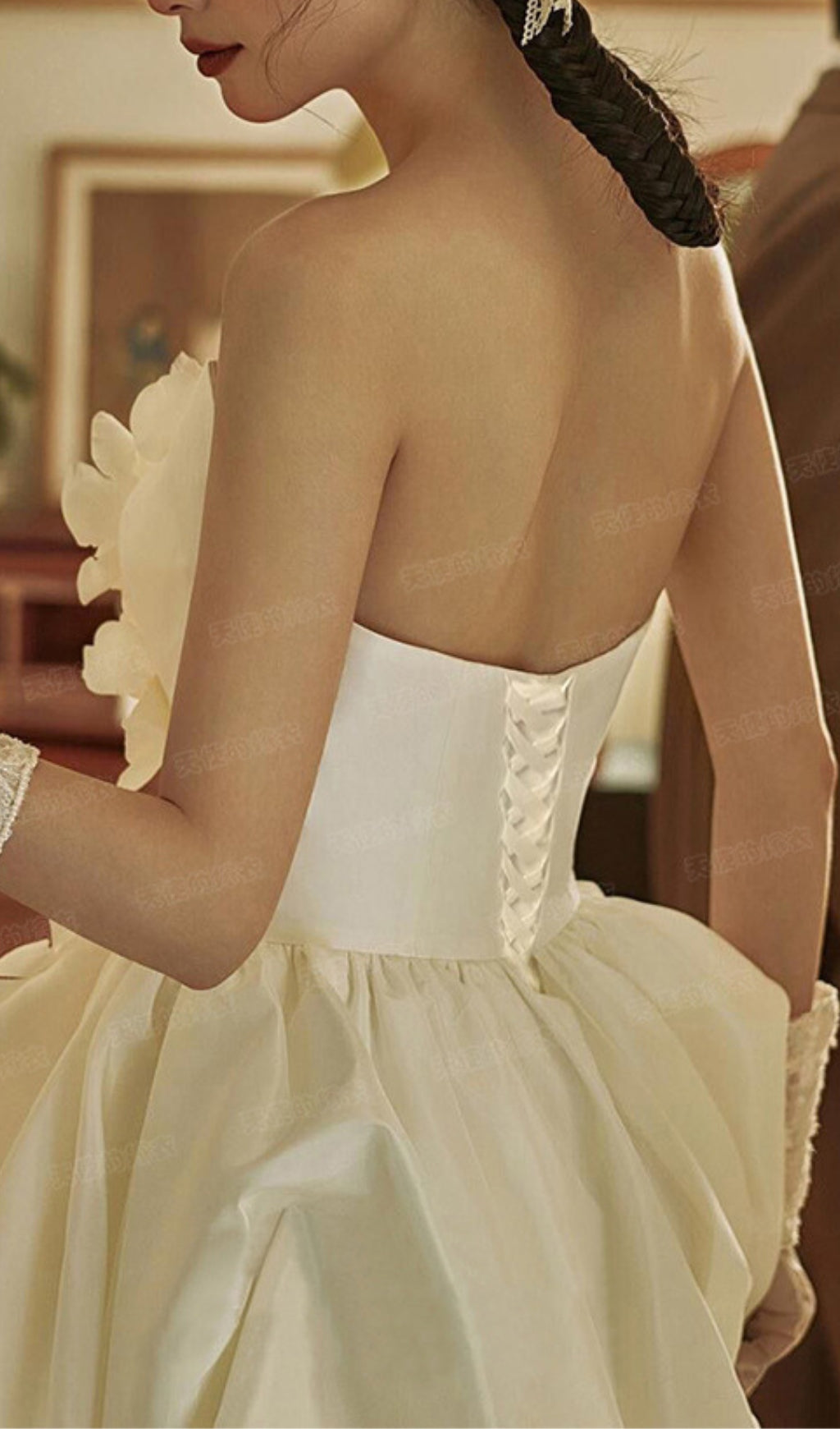 Dalal Strapless High-Low Petal Wedding Gown