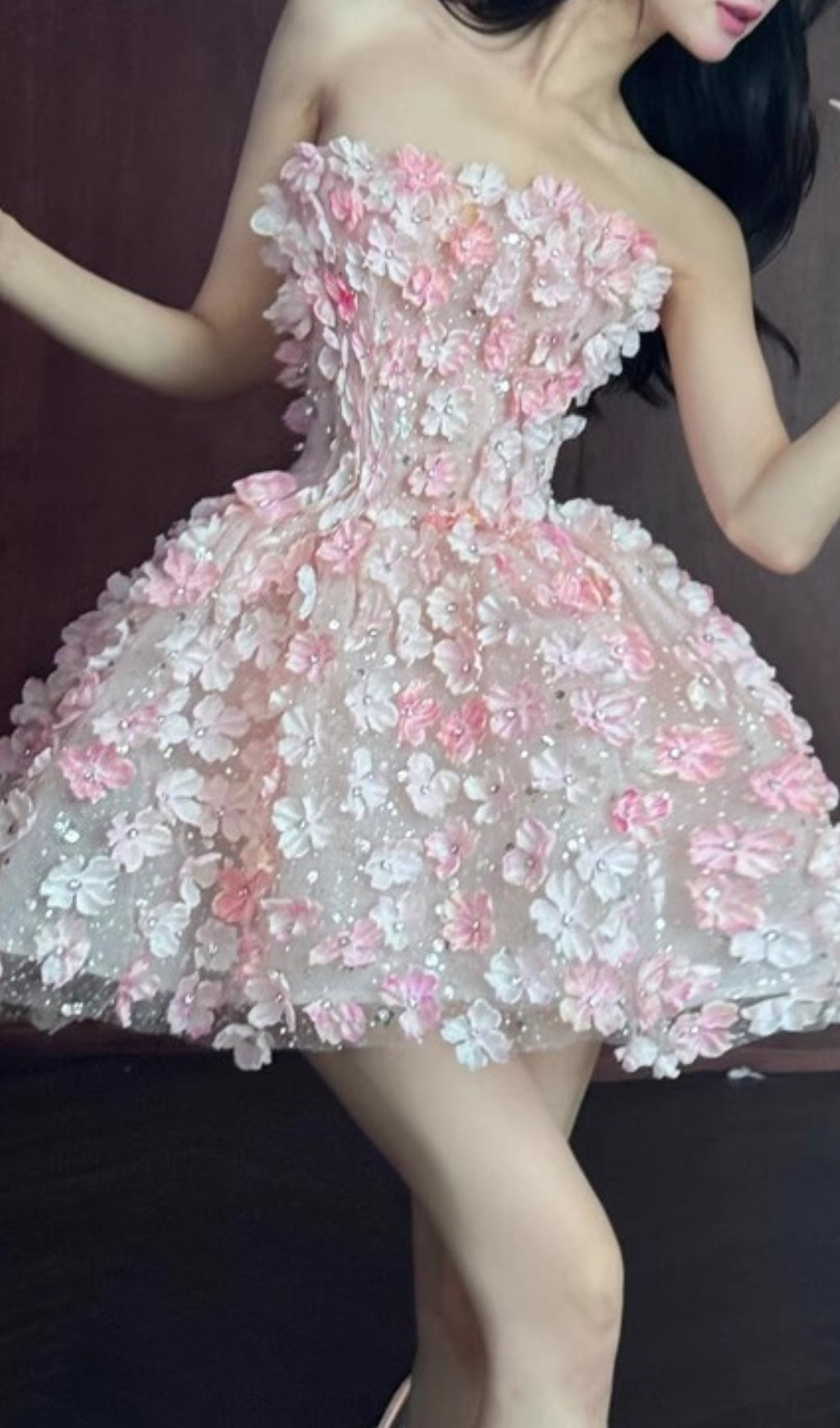 Sparkling Pink 3D Floral Strapless Mini Dress