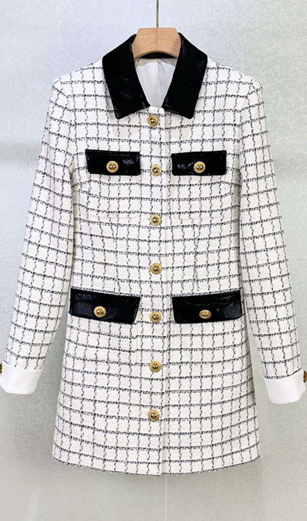 Luxe Windowpane Boucl Mini Dress with Leather Trim & Gold Buttons