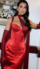 Show-Stopping Red Strapless Bustier Maxi Gown with Draped Scarf & Gloves