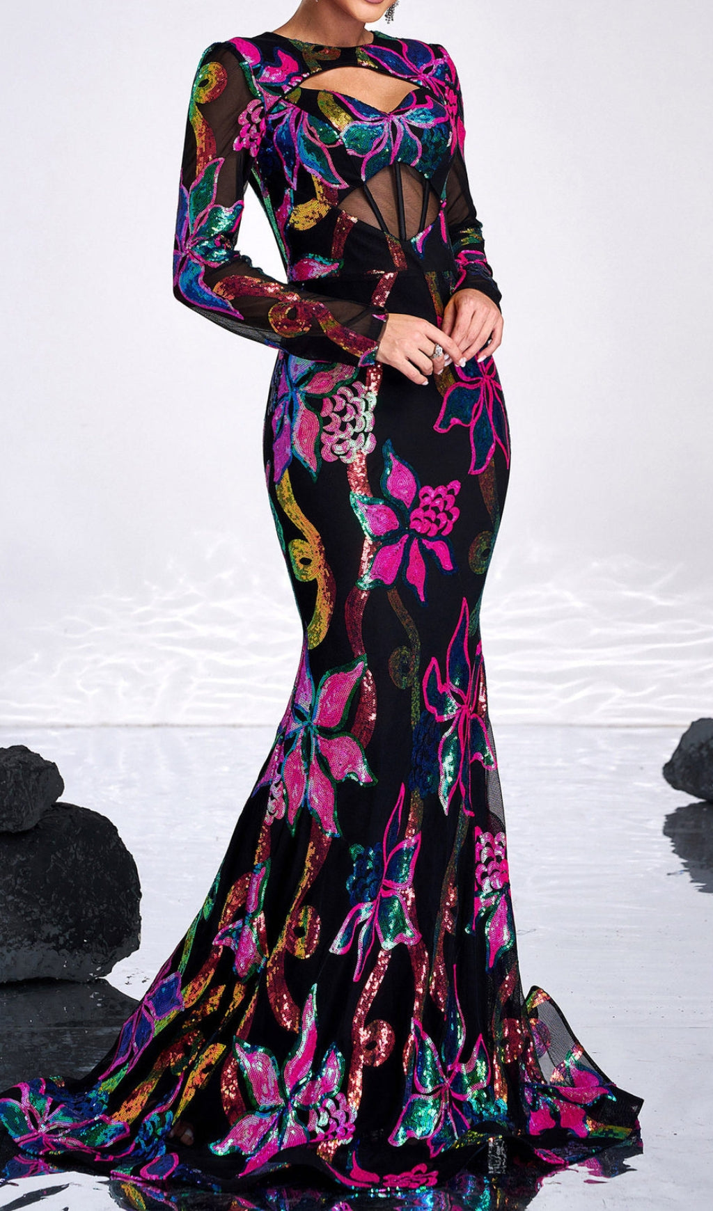 Dazzling Carman Vibrant Floral Sequin Long Sleeve Gown
