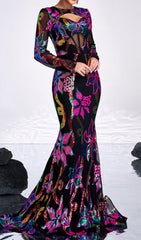 Dazzling Carman Vibrant Floral Sequin Long Sleeve Gown