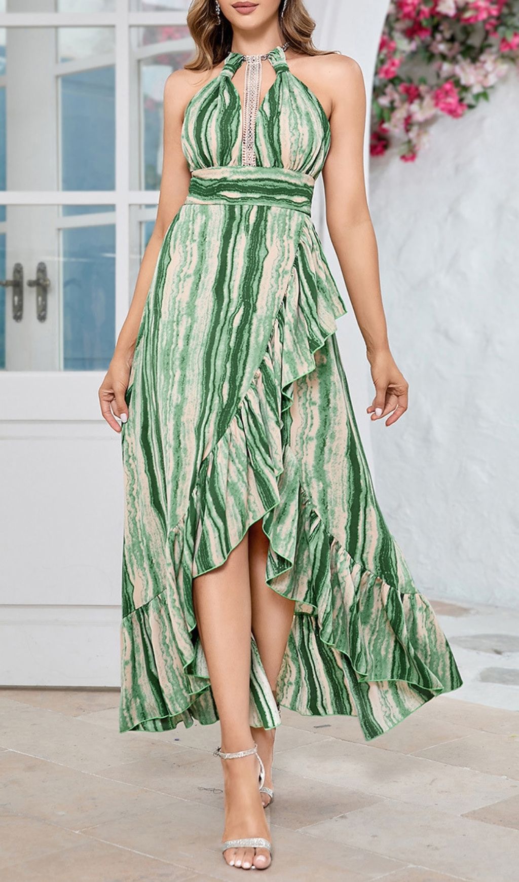 Estacia Vibrant Chic Green Swirl Print Halter Maxi Dress with Ruffles