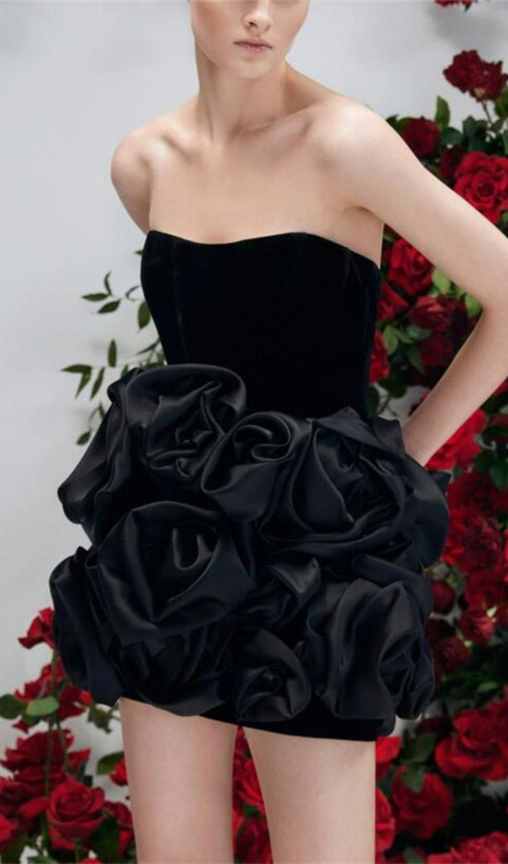 Chic Black Strapless Velvet & Satin Rose Mini Dress